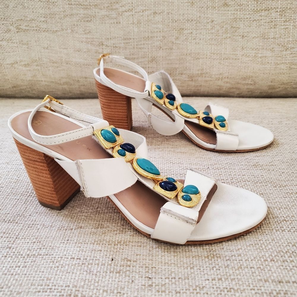 Trina Turk White Sandal Heels with Teal and Navy Gem Accents